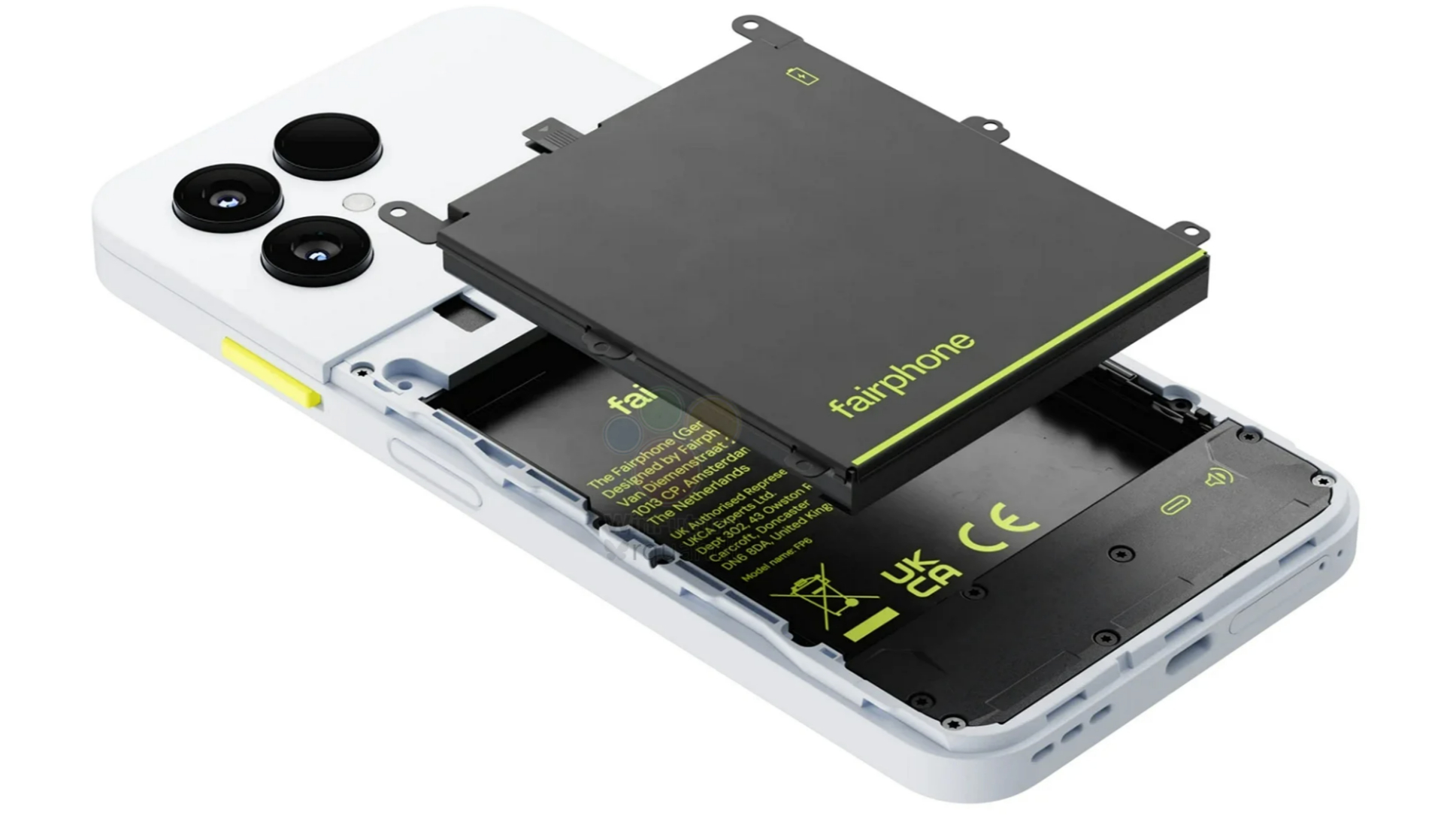 Render of the Fairphone 6 showing the separate camera and battery covers