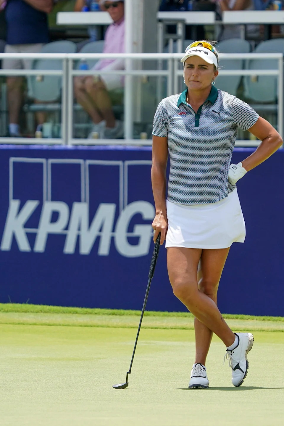 Jun 20, 2025; Frisco, Texas, USA; Lexi Thompson waits to putt on the 18th green during the second round of the KPMG Women's PGA Championship. Mandatory Credit: Raymond Carlin III-Imagn Images