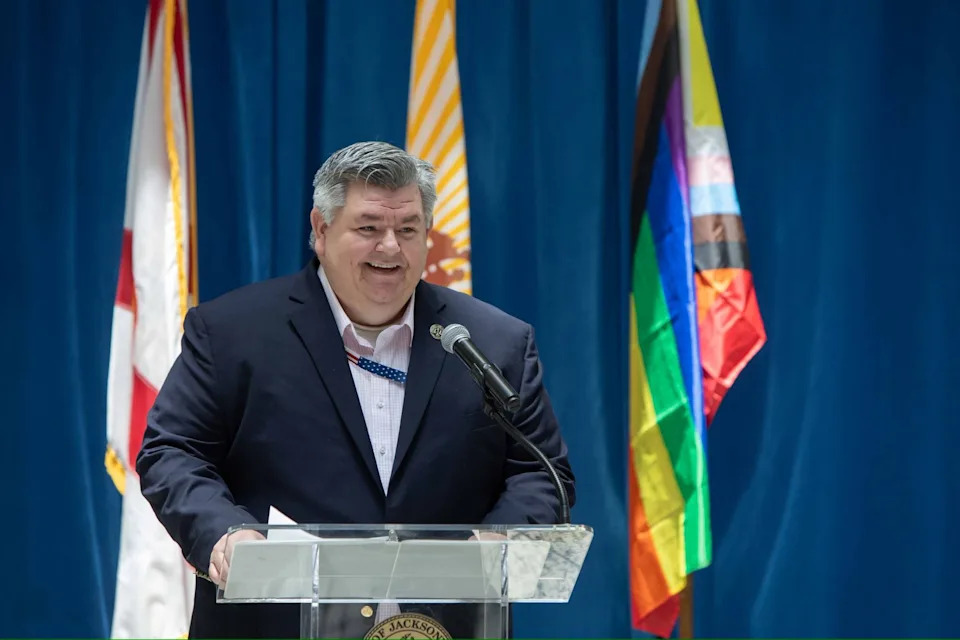 Jimmy Midyette, Assistant Director of the Jacksonville Human Rights Commission, speaks at the city's annual Pride Month event