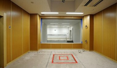 An execution room at the Tokyo Detention House is pictured. The red mark denotes the trapdoor