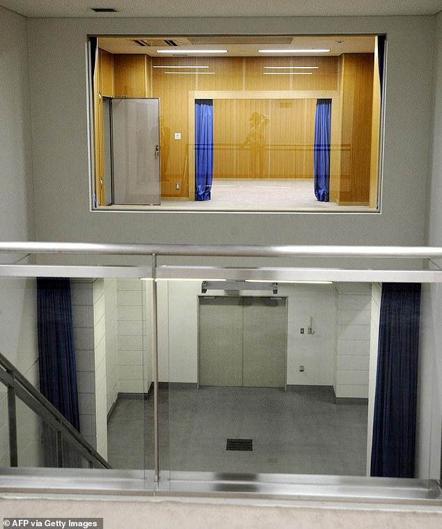 This photo taken during a media tour conducted by Japan's Justice Ministry on August 27, 2010 shows the execution chamber from the viewing gallery. The grey, tiled room below is where the prisoner is confirmed dead by doctors