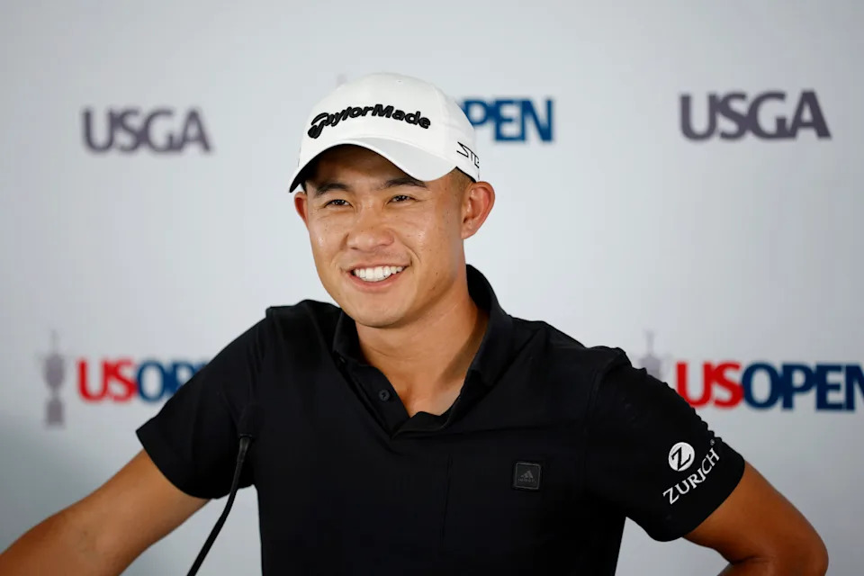 BROOKLINE, MASSACHUSETTS - JUNE 14: Collin Morikawa of the United States speaks to the media at a press conference during a practice round prior to the US Open at The Country Club on June 14, 2022 in Brookline, Massachusetts. (Photo by Cliff Hawkins/Getty Images)Cliff Hawkins&sol;Getty Images