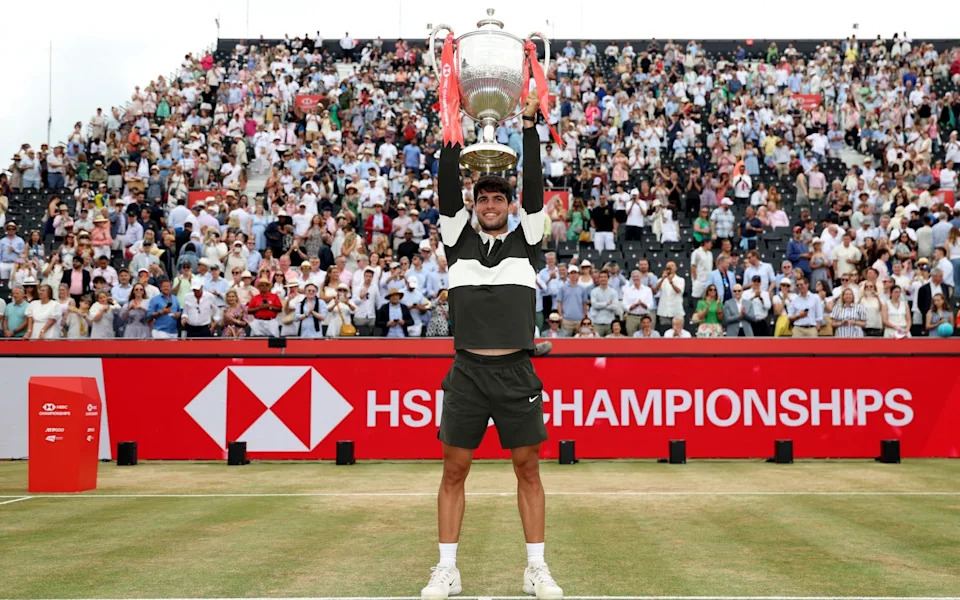 Carlos Alcaraz of Spain lifts the HSBC Championships 2025 Winners Trophy