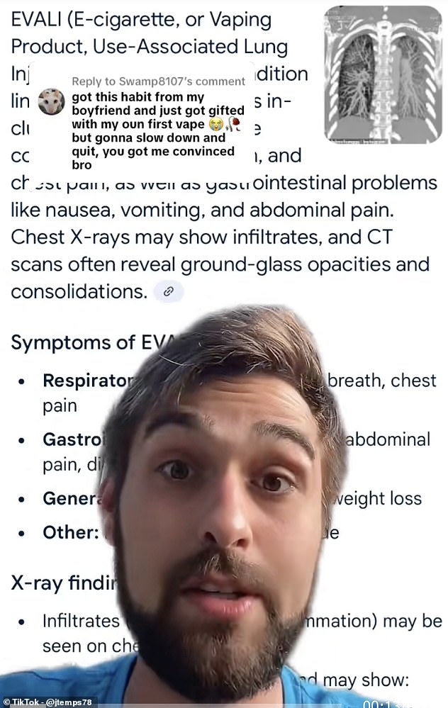 Jacob Temple, from Kentucky , first started vaping when he was just 12-years-old, under the impression that it was 'safer' than traditional smoking. But at just 24-years-old, the painter suffered a near-fatal mini heart attack and medics discovered his addiction had left him with lifelong scarring in his lungs