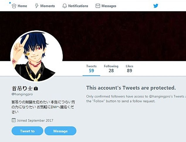 On Twitter - the social media platform he used to reach out to potential victims - his profile featured a manga cartoon drawing showing a man whose neck and wrist are scarred, wearing a rope around his neck