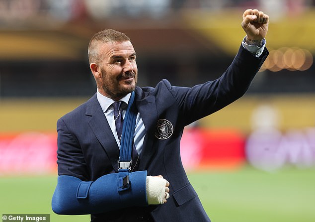 Inter Miami president David Beckham, pictured in a sling, saw his team exit the Club World Cup