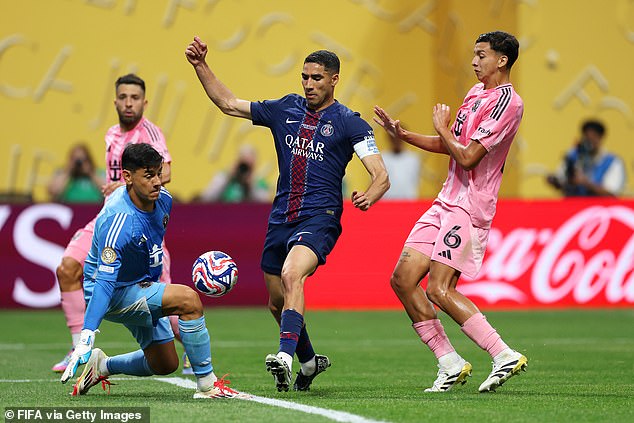 Achraf Hakimi (centre) was among the scorers for PSG as they cruised into the quarter-finals