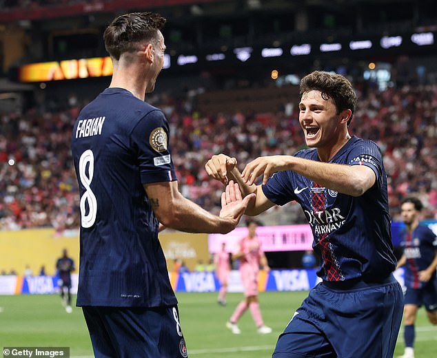 Midfielder Joao Neves (right) scored two goals in a game for the first time in his PSG career