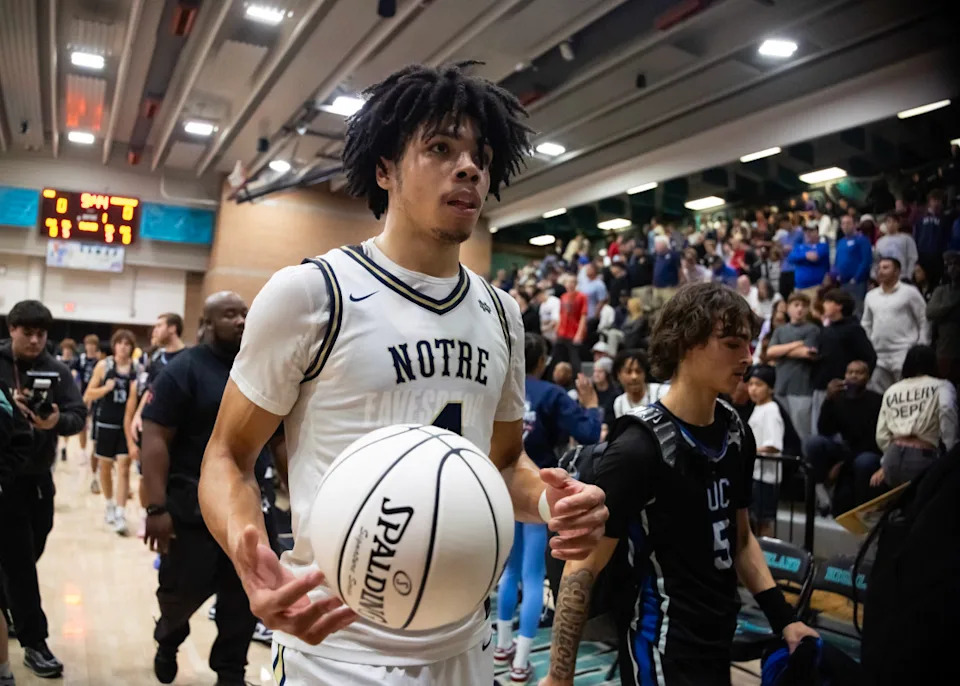 Notre Dame High School (CA) forward Tyran Stokes (4) against Sandra Day O'Connor (AZ)Mark J&period; Rebilas-Imagn Images