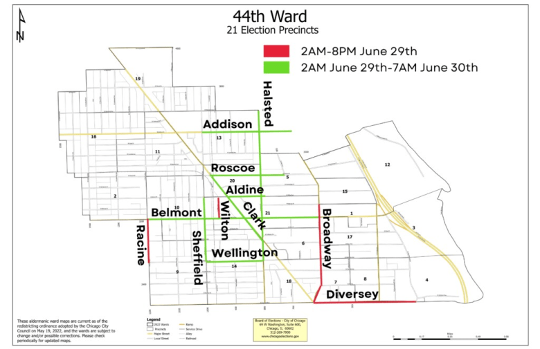 A map of the parking restrictions surrounding the 2025 Chicago Pride Parade. Provided by 44th Ward website 