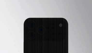 An illustration of the upper half of an iPhone 17 prototype blurred by vertical lines against a light metallic background