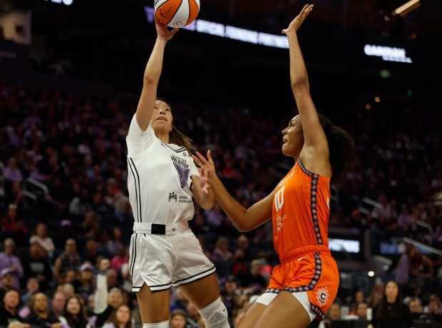 Golden State Valkyries' Kaitlyn Chen (2) takes a shot against Connecticut Sun's Olivia Nelson-Ododa (10) in the second quarter at the Chase Center in San Francisco, Calif., on Sunday, June 22, 2025. (Nhat V. Meyer/Bay Area News Group)