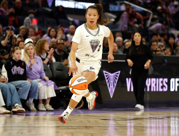 Golden State Valkyries' Kaitlyn Chen (2) dribbles against the Connecticut Sun in the second quarter at the Chase Center in San Francisco, Calif., on Sunday, June 22, 2025. (Nhat V. Meyer/Bay Area News Group)