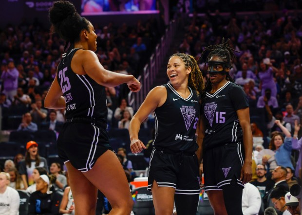 Golden State Valkyries' Monique Billings (25),Golden State Valkyries' Kaitlyn Chen (2), and Golden State Valkyries' Tiffany Hayes (15) celebrate against the Chicago Sky in the first quarter at the Chase Center in San Francisco, Calif., on Friday, June 27, 2025. (Shae Hammond/Bay Area News Group)