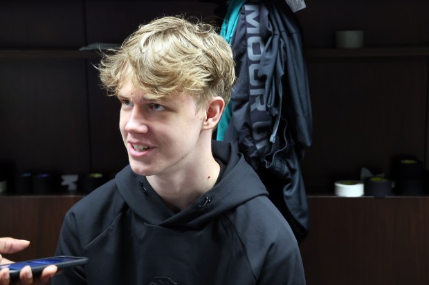 Vaclav Nestrasil participates in media availability for Blackhawks draft picks Monday, June 30, 2025, at Fifth Third Arena. (Terrence Antonio James/Chicago Tribune)