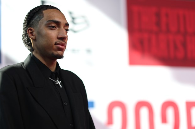Noa Essengue poses on the red carpet before the first round of the NBA draft Wednesday, June 25, 2025, at the Barclays Center in New York. (Photo by Sarah Stier/Getty Images)