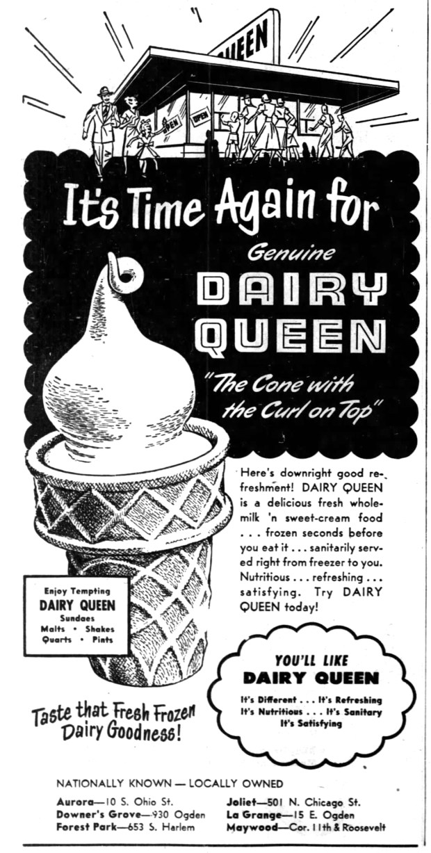 The first Dairy Queen opened in Joliet on June 22, 1940. By the time this advertisement was published in the Tribune in 1950, there were six locations in the Chicago area. (Chicago Tribune)