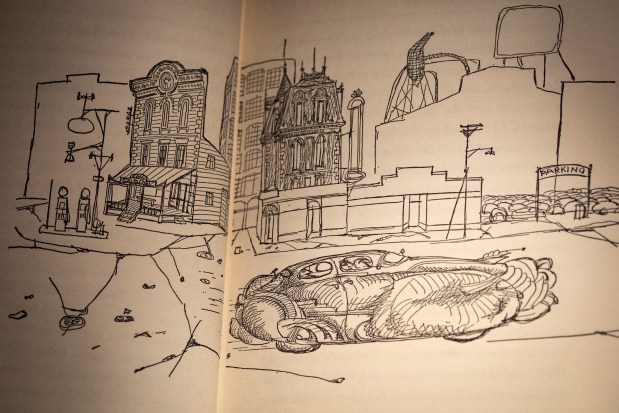 A Saul Steinberg illustration in first-edition copy of A.J. Liebling's "Chicago: The Second City" from the collection of the Newberry Library on March 19, 2025. (E. Jason Wambsgans/Chicago Tribune)