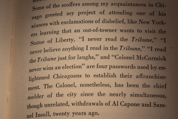 Liebling's observations about the Chicago Tribune in a page of his book, from a copy at the Newberry Library on March 19, 2025. (E. Jason Wambsgans/Chicago Tribune)