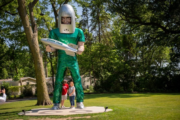 The refurbished Gemini Giant statue at its new Route 66 location in South Island Park in Wilmington, Illinois, June 21, 2025. (E. Jason Wambsgans/Chicago Tribune)