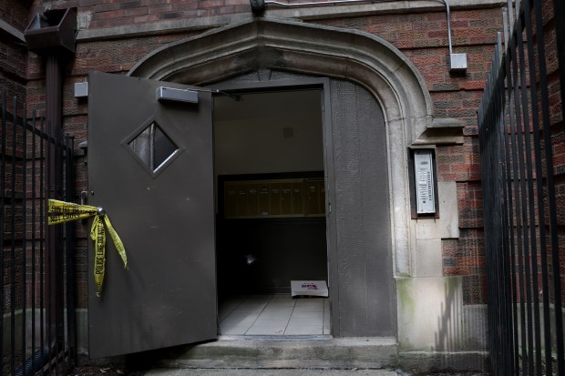 This is the entryway of the apartment complex in the...