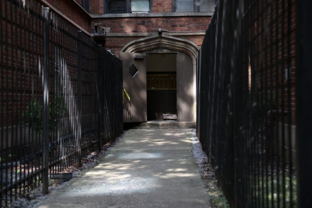 This is the entryway of the apartment complex in the...