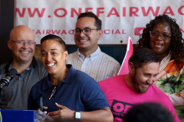 Ald. Jessie Fuentes, 26th, a One Fair Wage sponsor speaks at a rally at the TNT Rooftop Restaurant in Chicago, June 23, 2025. (Antonio Perez/Chicago Tribune)