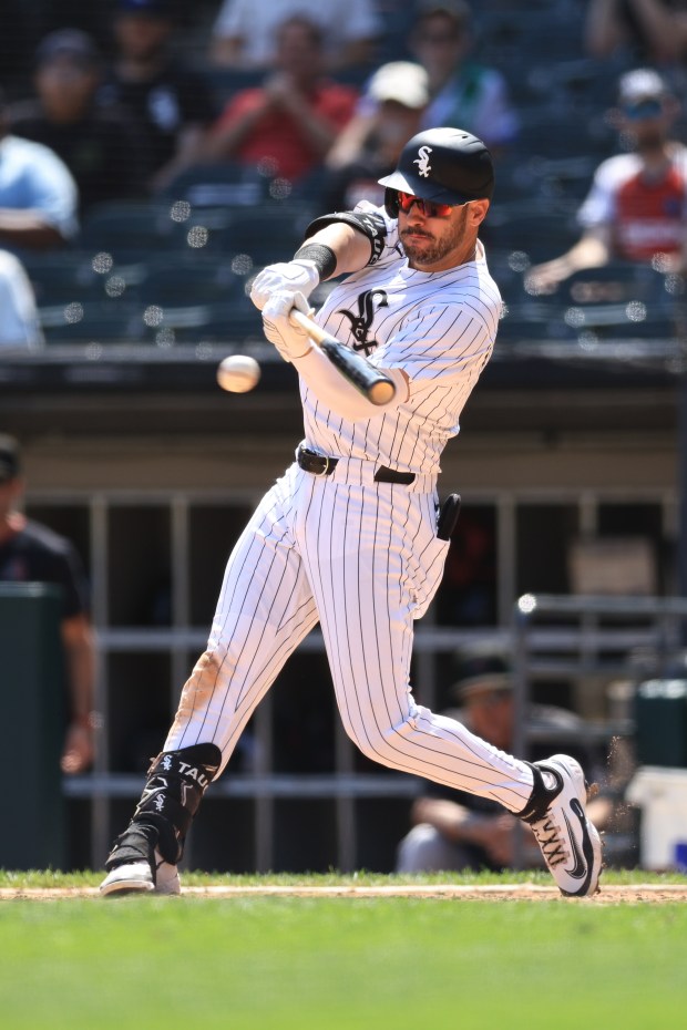 Mike Tauchman #18 of the Chicago White Sox hits a single during the seventh inning against the Arizona Diamondbacks at Rate Field on June 25, 2025 in Chicago, Illinois. (Photo by Geoff Stellfox/Getty Images)