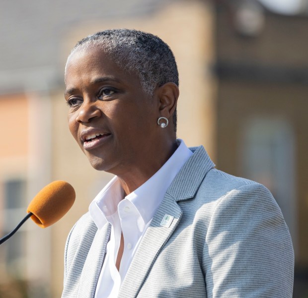 Tracey Scott, then-CEO of the Chicago Housing Authority, speaks at a groundbreaking ceremony for the National Public Housing Museum on Oct. 11, 2022. (Brian Cassella/Chicago Tribune)