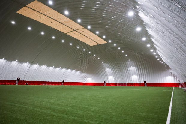 The dome training field at Endeavor Health Performance Center, Chicago Fire Soccer Club's new practice facility, on the Near West Side, March 3, 2025. (Eileen T. Meslar/Chicago Tribune)
