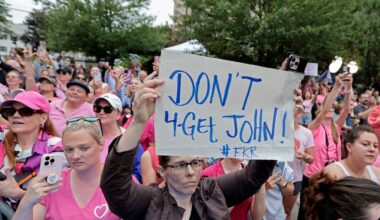 Karen Read supporters cheer for her outside Norfolk Superior Court on June 18.