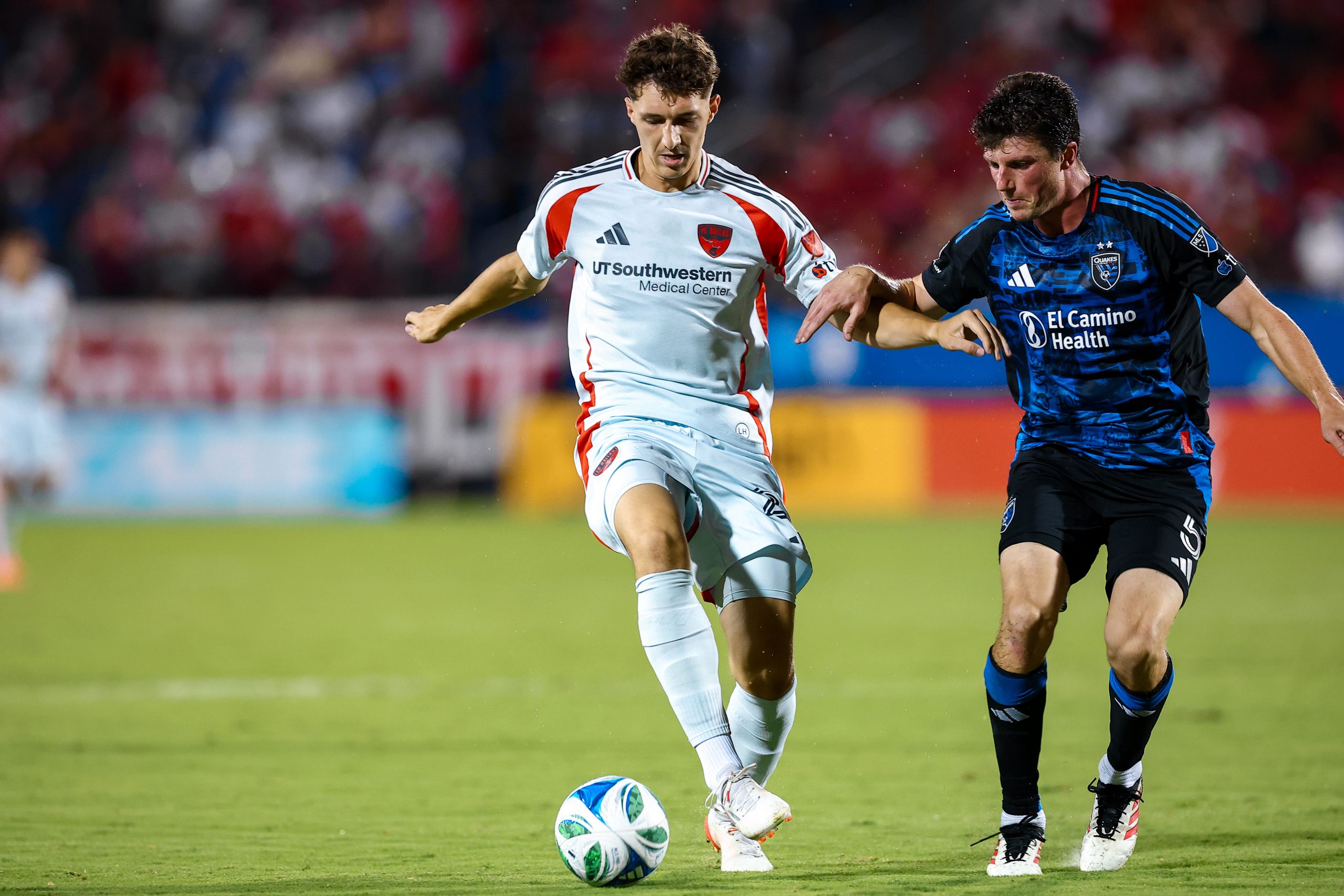 Logan Farrington takes a touch against San Jose Earthquakes, June 25, 2025. [It's believed this is the play in which he got injured] (Matt Visinsky, 3rd Degree)