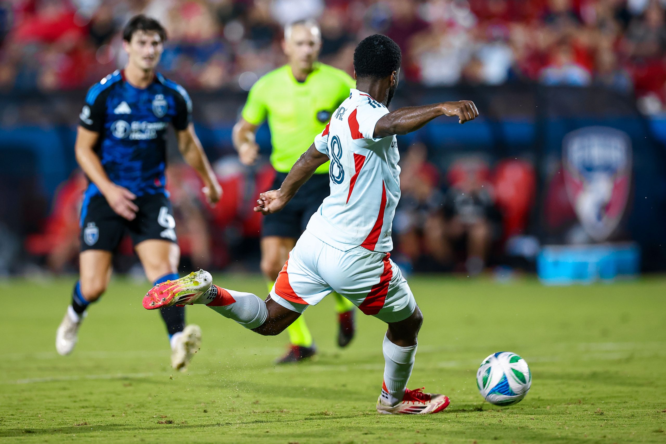 Shaq Moore shoots against San Jose Earthquakes, June 25, 2025. [It's believed this is the play in which he got injured] (Matt Visinsky, 3rd Degree)