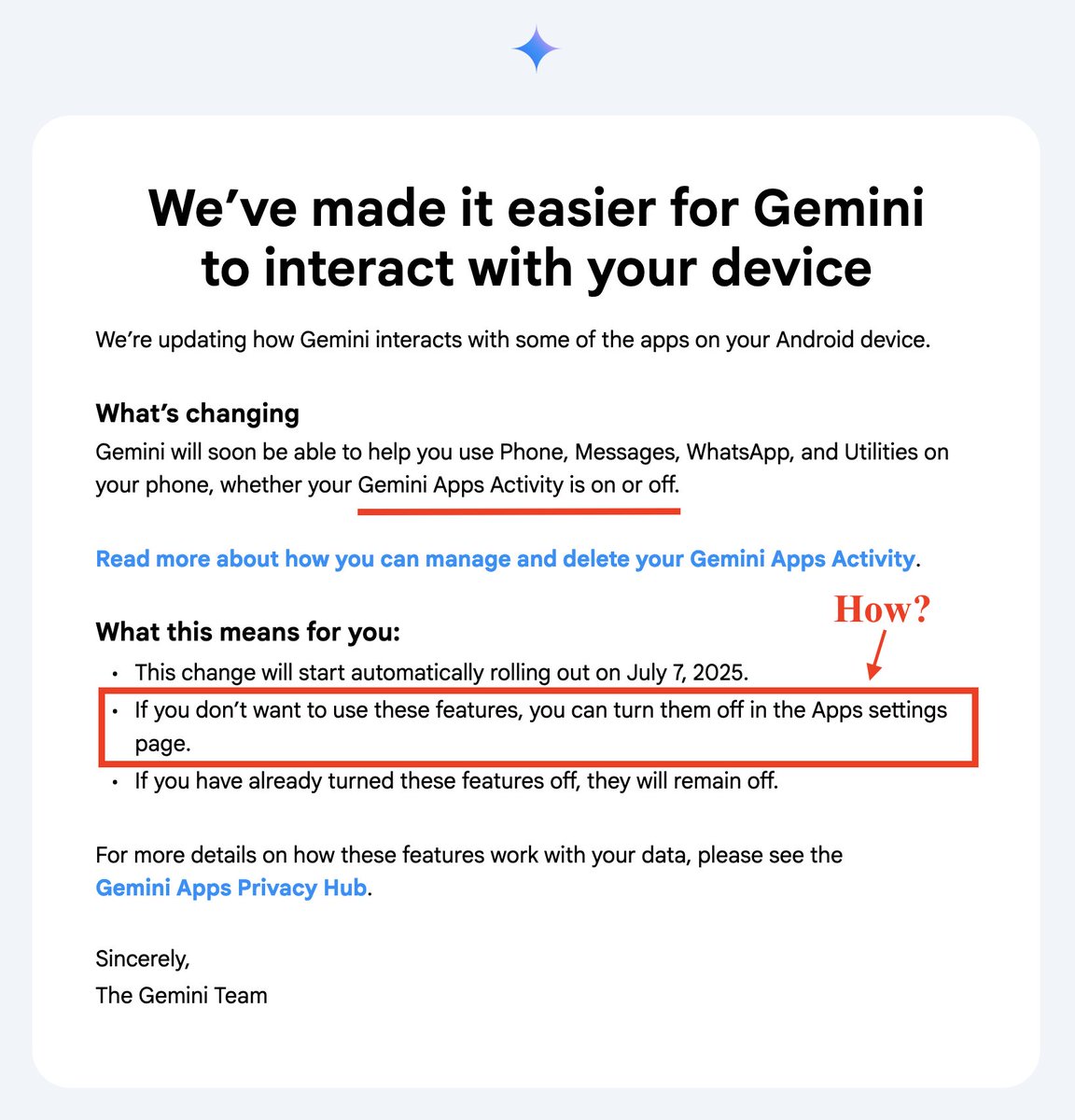 Gemini app activity email