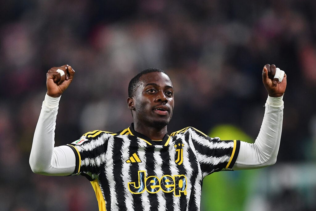 Timothy Weah of Juventus celebrates scoring their team's sixth goal during the Coppa Italia Round of 16 match between Juventus FC and US Salernitan...