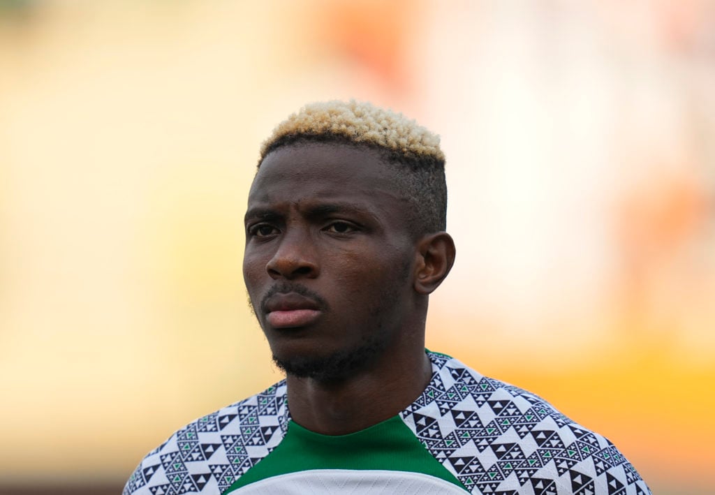 Victor Osimhen lines up for Nigeria ahead of their AFCON match with Guinea-Bissau.