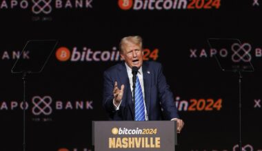 Former US President Donald Trump speaks at the Bitcoin 2024 conference in Nashville, Tennessee, US, on Saturday, July 27, 2024. Trump said he would ask the government to create a massive reserve of Bitcoin if he returns to the White House in a bid to court cryptocurrency enthusiasts and harness the industry’s growing influence in the political arena.