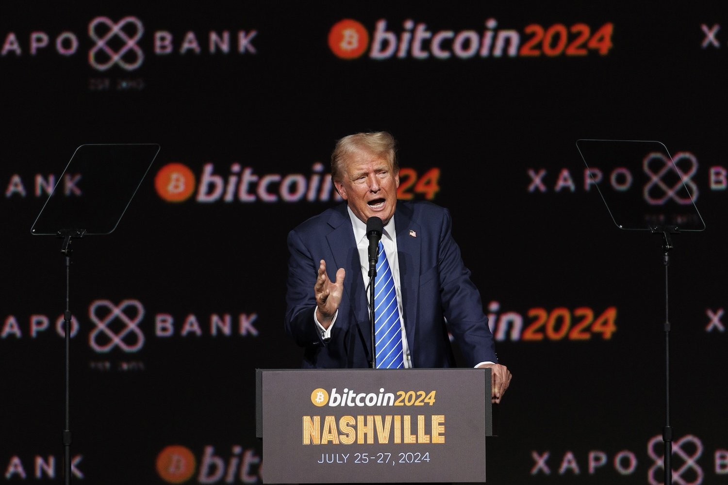 Former US President Donald Trump speaks at the Bitcoin 2024 conference in Nashville, Tennessee, US, on Saturday, July 27, 2024. Trump said he would ask the government to create a massive reserve of Bitcoin if he returns to the White House in a bid to court cryptocurrency enthusiasts and harness the industry’s growing influence in the political arena.