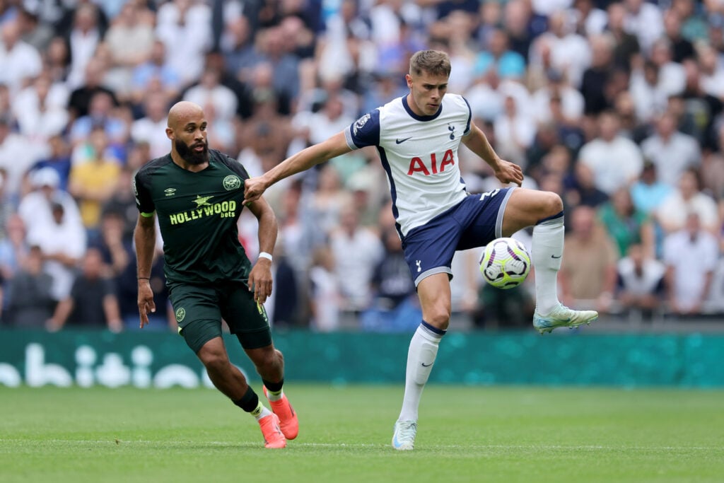 Micky van de Ven of Tottenham Hotspur and Bryan Mbeumo of Brentford  during the Premier League match between Tottenham Hotspur FC and Brentford FC ...