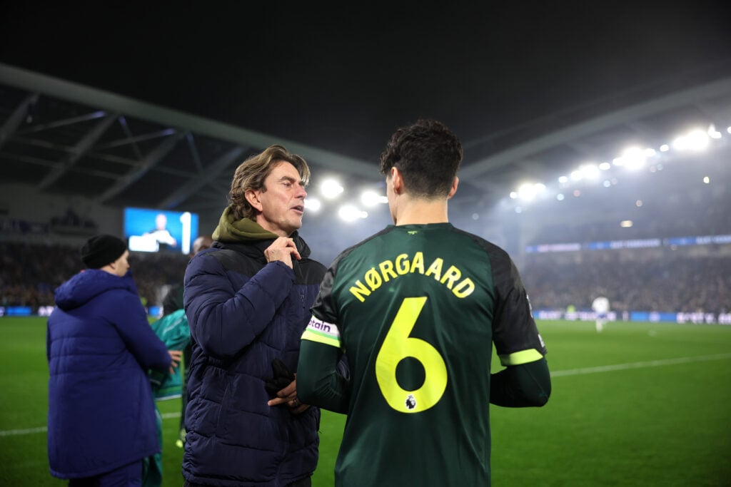 Thomas Frank, Manager of Brentford speaks with Christian Norgaard during the Premier League match between Brighton & Hove Albion FC and Brentfo...