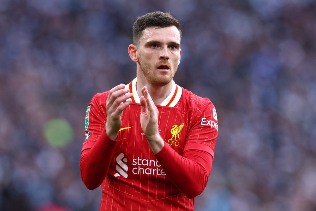 Andrew Robertson of Liverpool reacts during the Carabao Cup Final between Liverpool and Newcastle United at Wembley Stadium