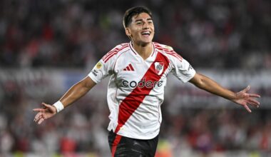 Ian Subiabre of River Plate celebrates after scoring the team's second goal during a Torneo Apertura Betano 2025 match between River Plate and Rosa...