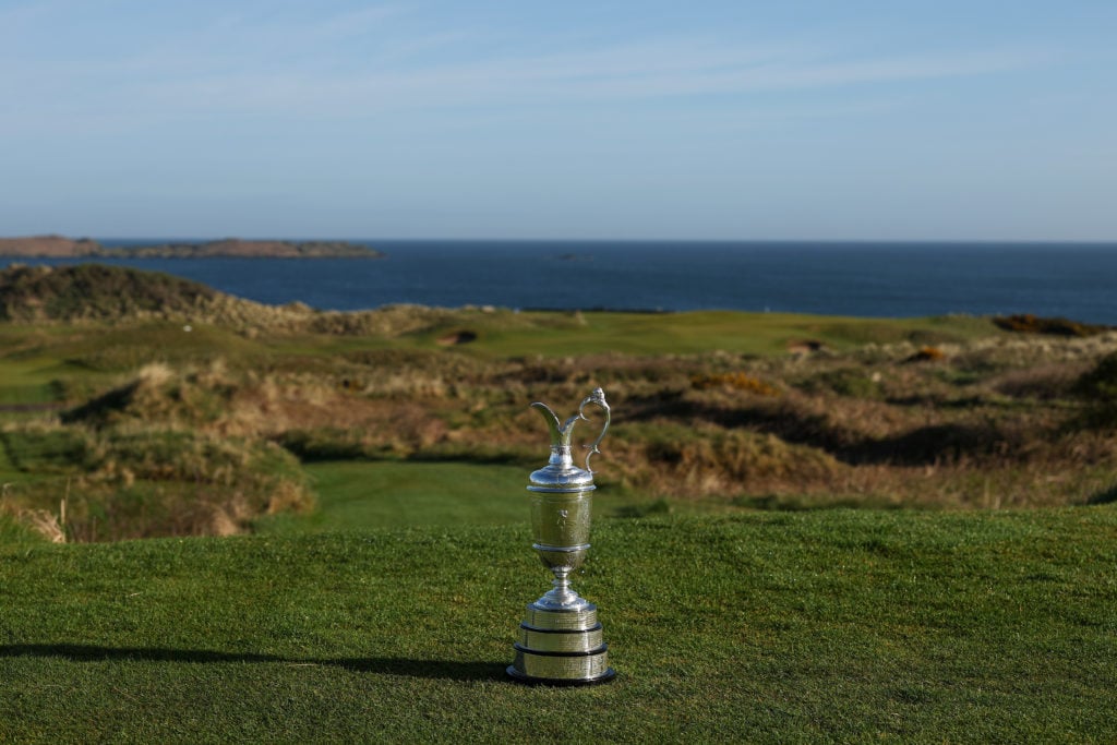 The Claret Jug sits on the 5th hole during media day for the Open Championship at Royal Portrush