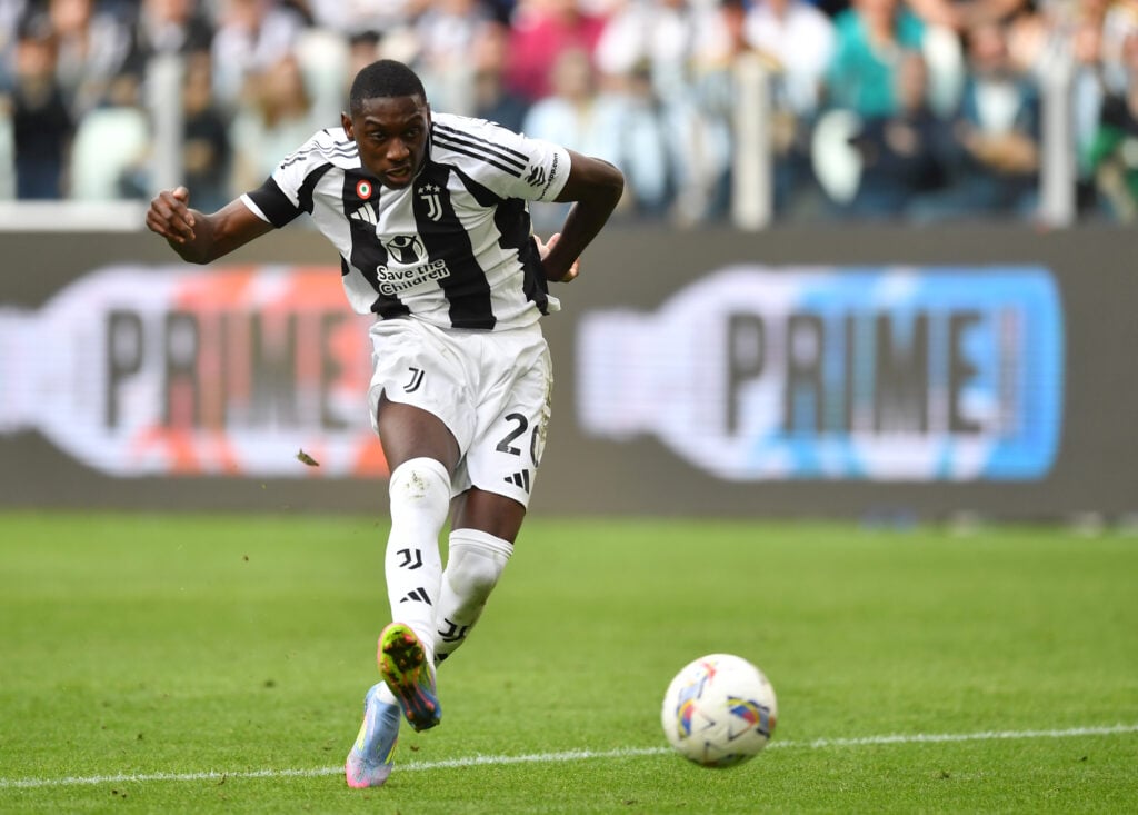 Randal Kolo Muani of Juventus scores his team's second goal during the Serie A match between Juventus and Monza at Allianz Stadium on April 27, 202...