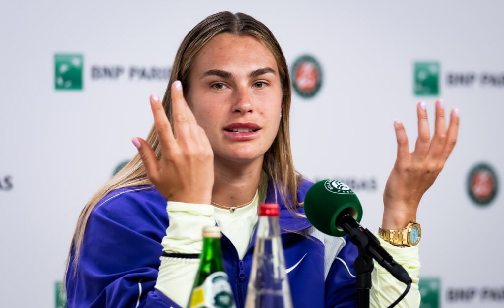 Aryna Sabalenka talks to the press during Media Day ahead of the French Open at Roland Garros.