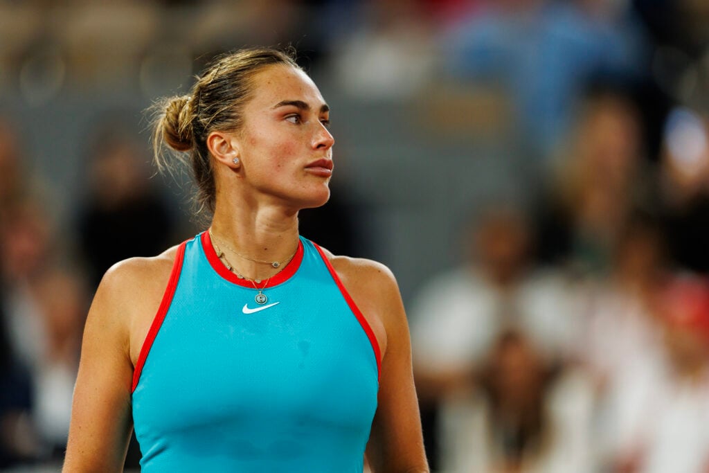Aryna Sabalenka of Belarus in action against Iga Swiatek of Poland in the semi-finals of the women's singles at Roland Garros.