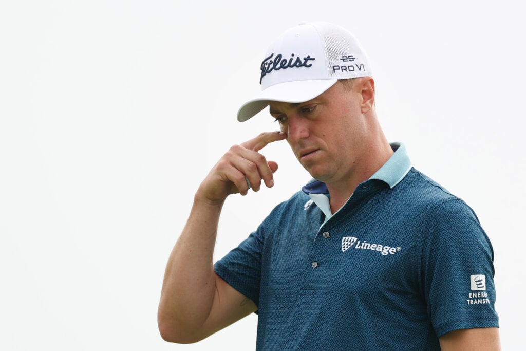 Justin Thomas looks frustrated with a shot at the US Open in 2025