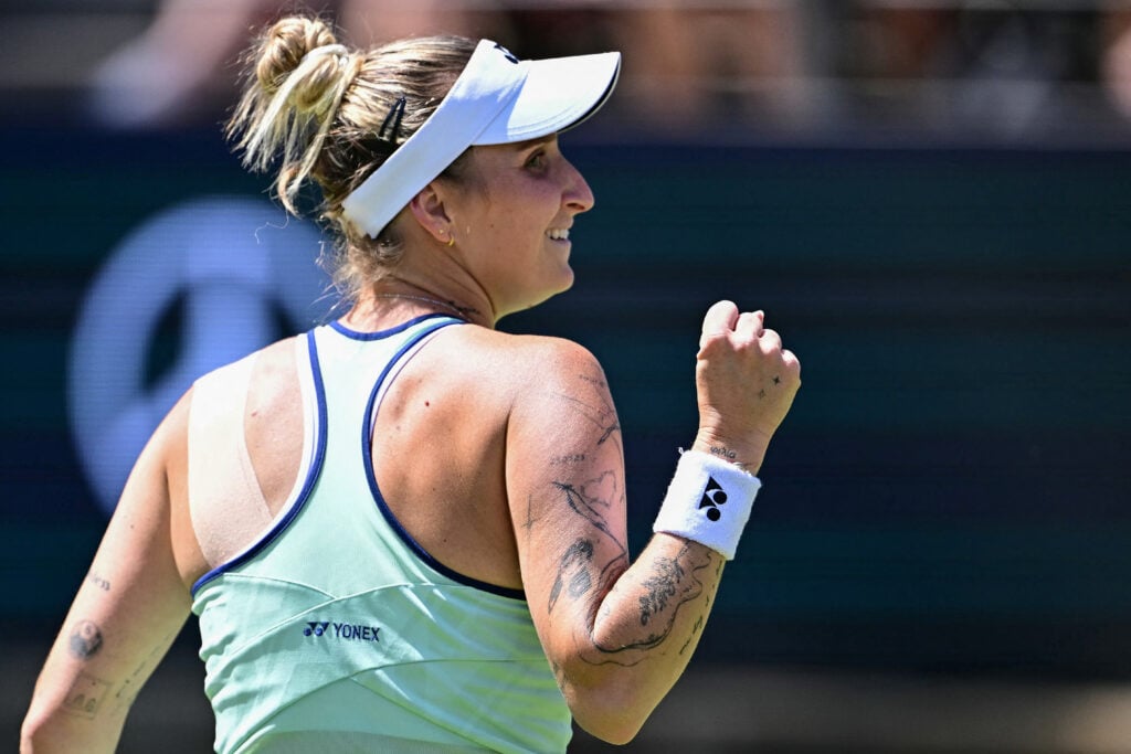 Marketa Vondrousova celebrates during her match with Aryna Sabalenka at the Berlin Open.