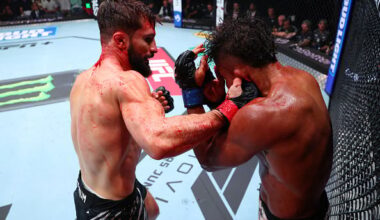Nazim Sadykhov punches Nikolas Motta during UFC Baku fight with an inset of Dana White talking to the media at the UFC 299 press conference