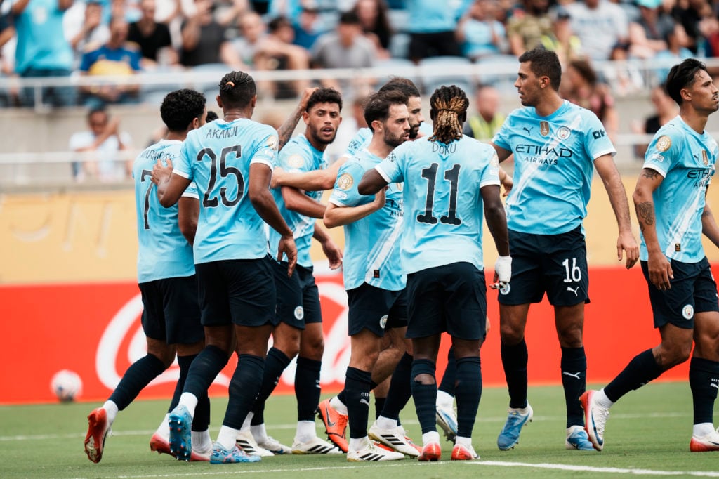 Matheus Nunes is congratulated by Man City teammates after forcing an own goal against Juventus in the FIFA Club World Cup 2025.